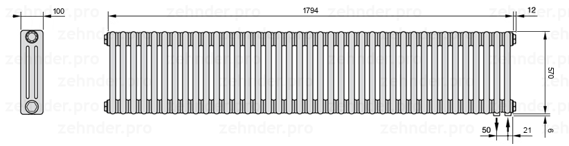 Схема (чертеж) Радиатор Zehnder Charleston 3057/39 №5510 Белый глянцевый RAL 9016